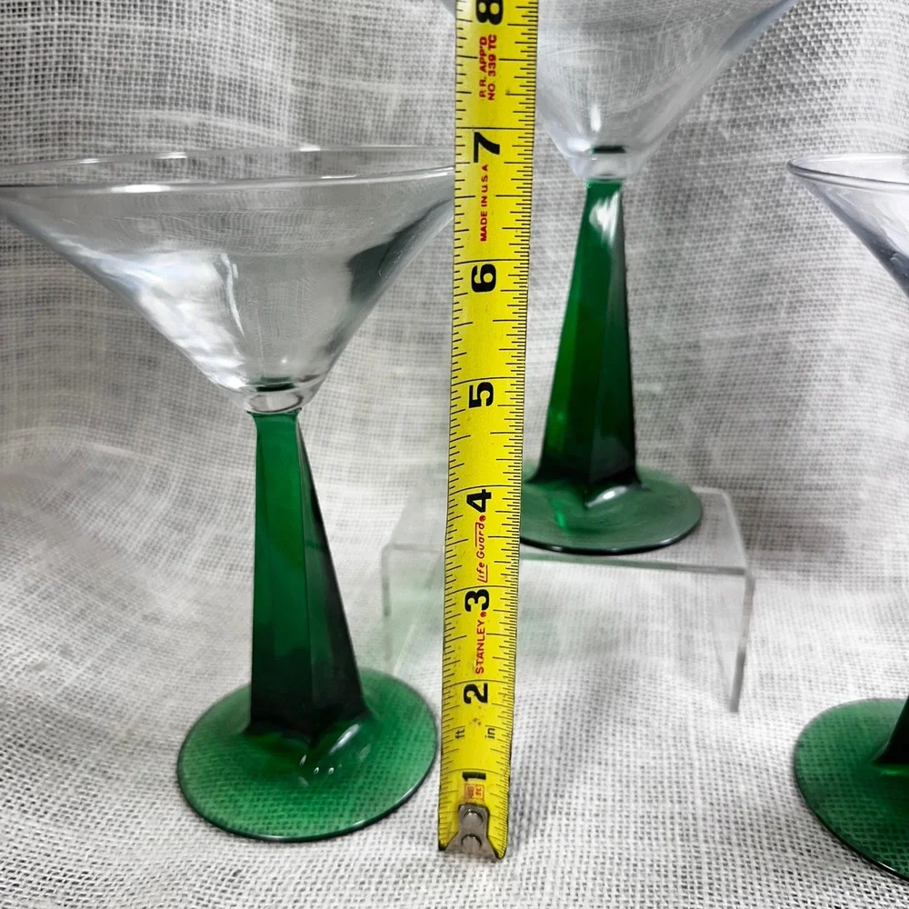 Bombay Emerald Green Twisted Pyramid Stem Martini Glasses Set of 3 Vintage